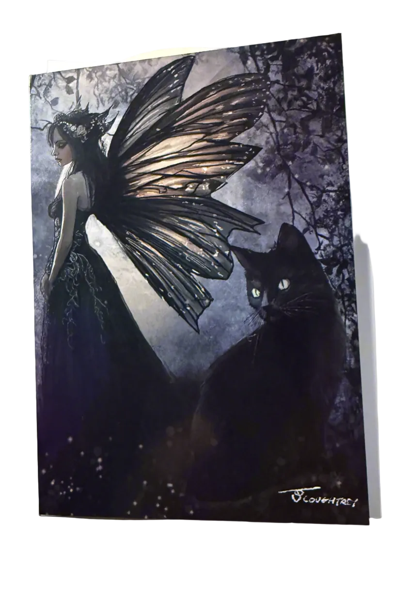Moonlit Fairy & Black Cat – Fantasy Greeting Card (Blank Inside)