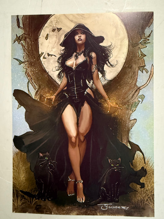 Moon Witch & Black Cats – A4 Fantasy Art Print