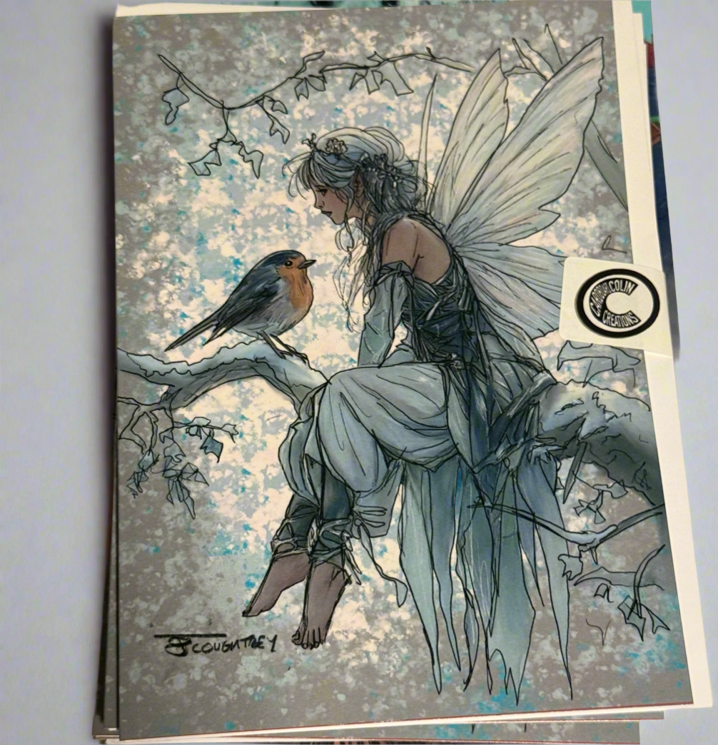 Winter Whispers Fairy & Robin Card  (blank) with Envelope