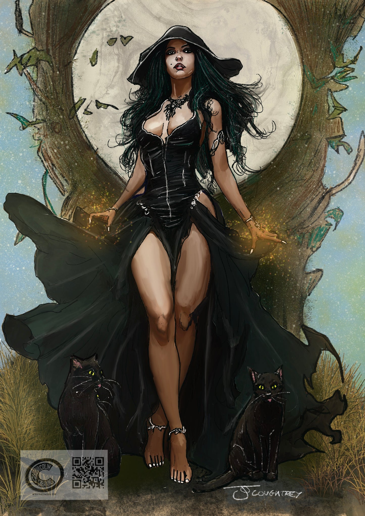 Moon Witch & Black Cats – A4 Fantasy Art Print