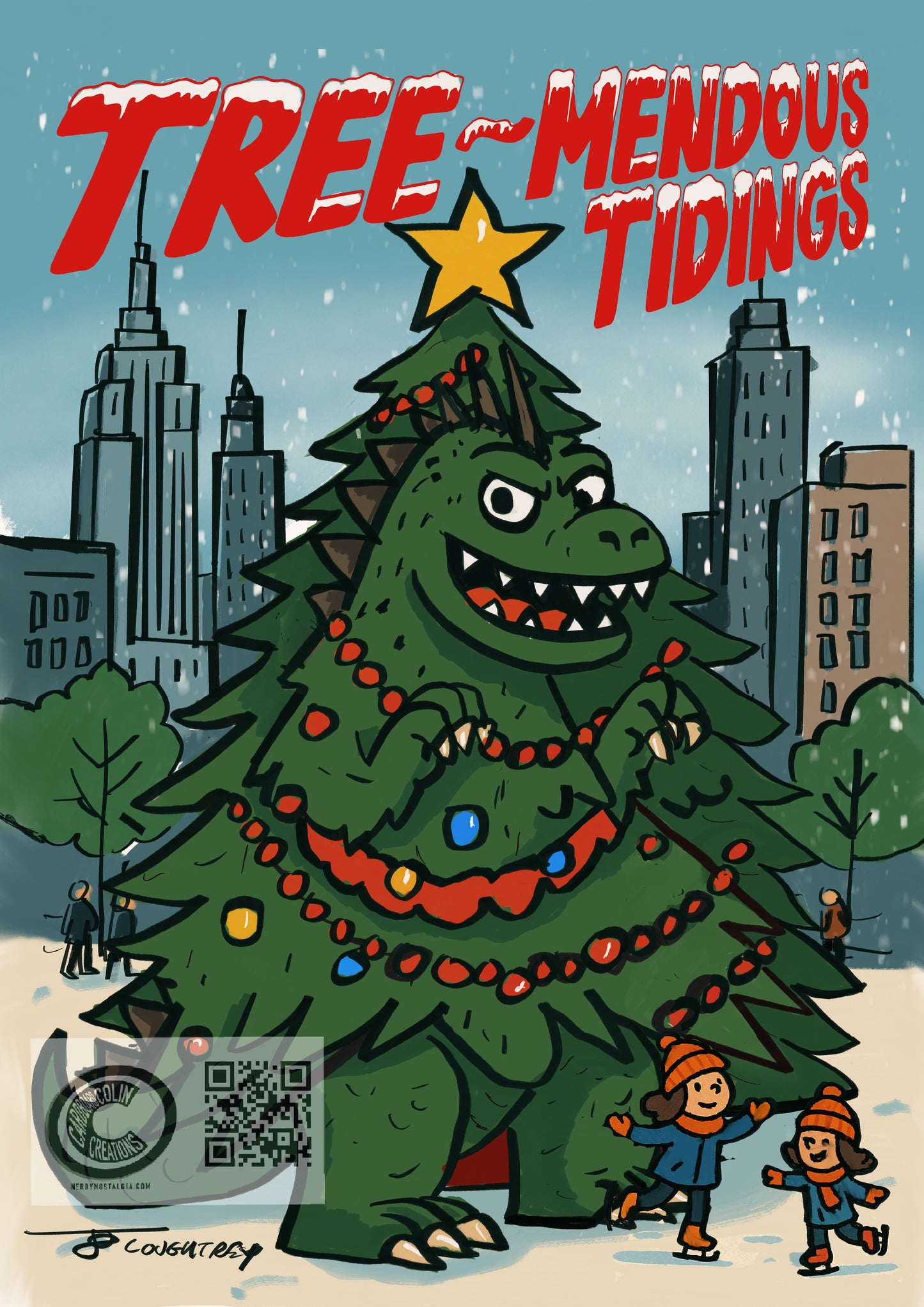 Tree-mendous Tidings Godzilla Card (blank) with Envelope