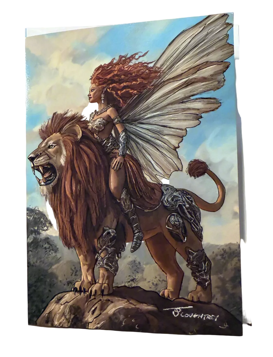 Fairy Lion Rider – Fantasy Greeting Card (Blank Inside)