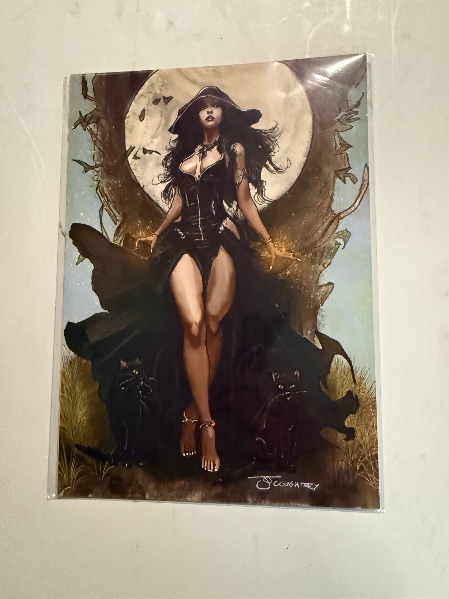 Moon Witch & Black Cats – A4 Fantasy Art Print