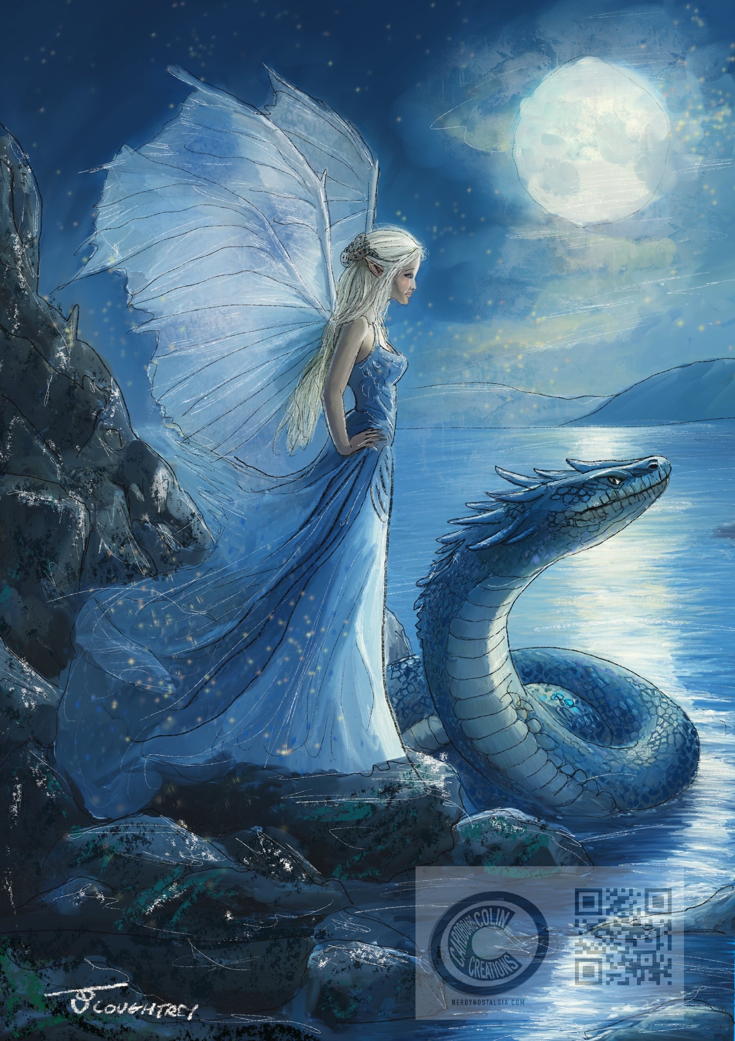 Moonlit Fairy & Water Dragon – A4 Fantasy Art Prin